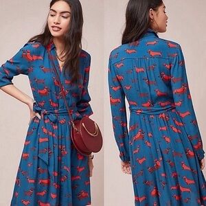 RARE: DACHSHUND 52 Conversations/Anthropologie Novelty Print Shirt Dress Size 8